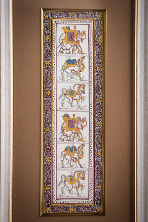 Miniatúrna maľba indických zvierat zarámovaná s paspartou