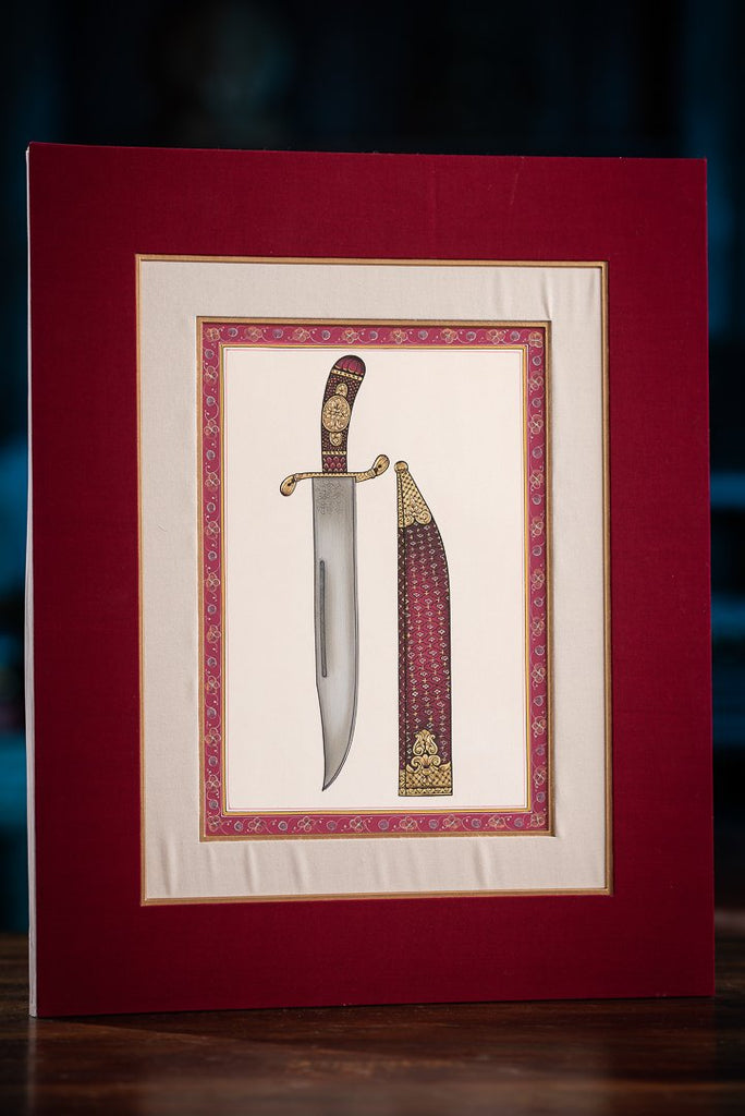 Unikátna ručná maľba indických zbraní z Jaipuru s paspartou